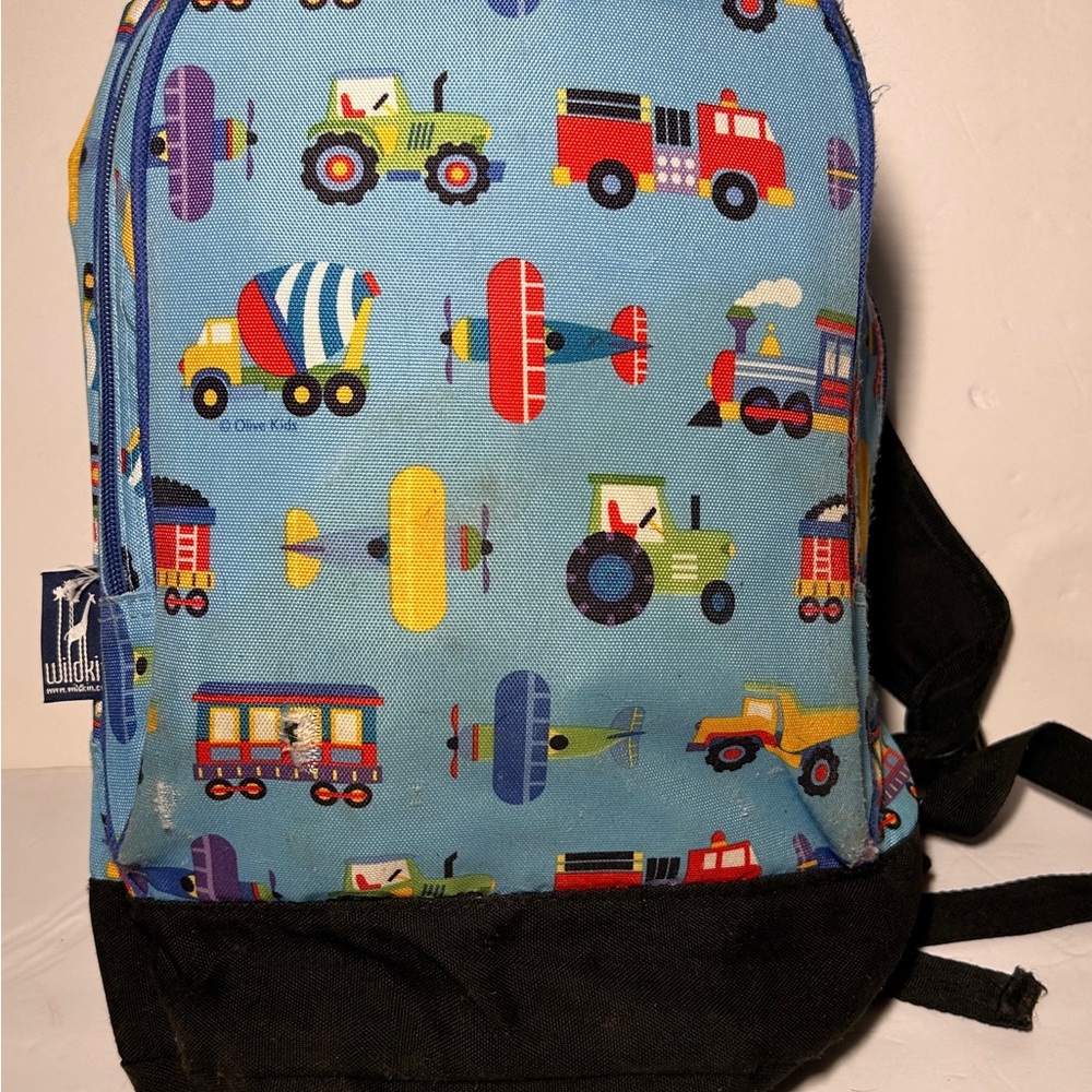 12" Wildkin Olive Kids Backpack Trains Planes Trucks Daycare School Bag *Great*